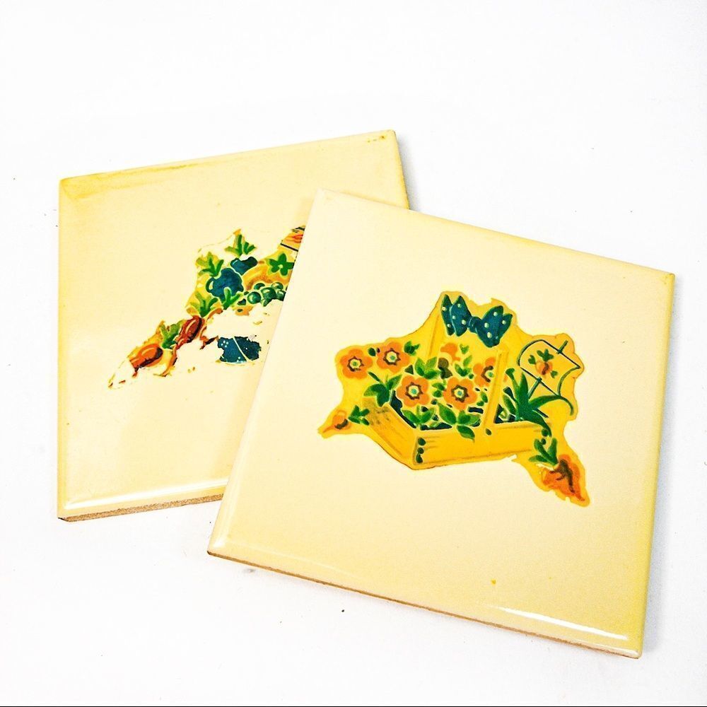 Two Butter Yellow Romany Ceramic Tiles w/ Vintage Image Transfers